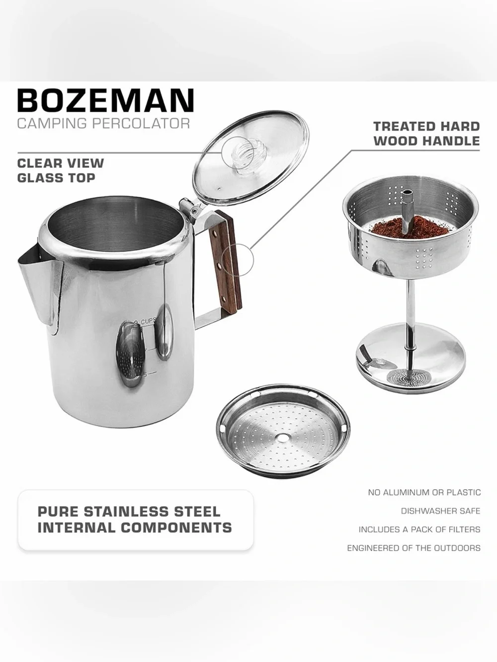 COLETTI Bozeman Percolator Coffee Pot — NO Aluminum or Plastic [9 cup]